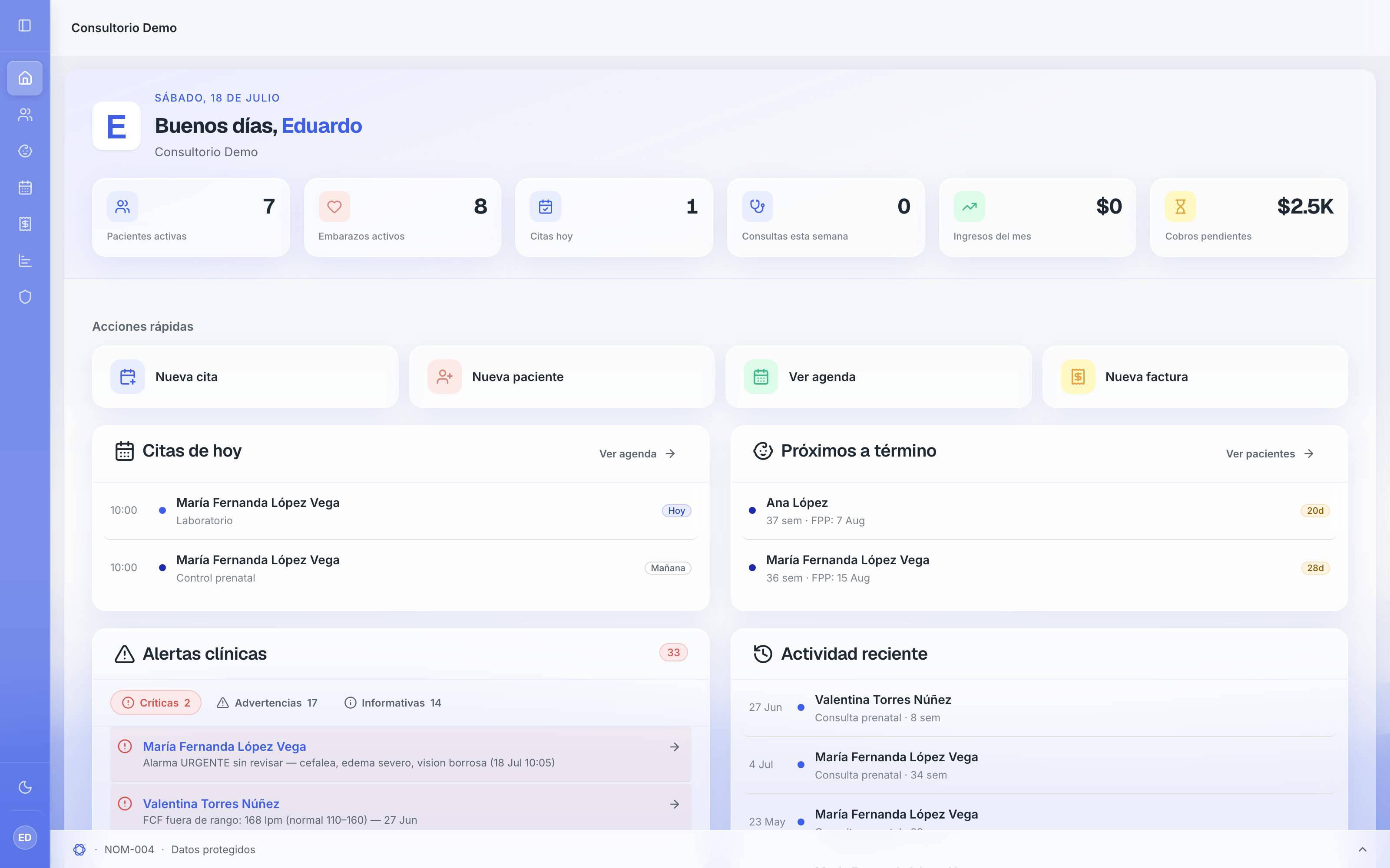Dashboard del consultorio — pacientes activas, embarazos, citas y alertas clínicas en un solo lugar