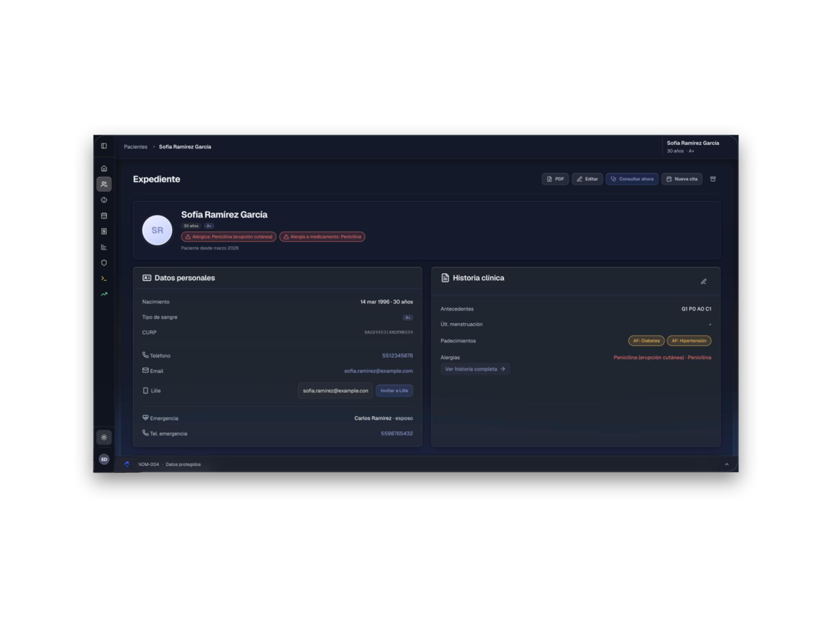 The same patient record in dark mode